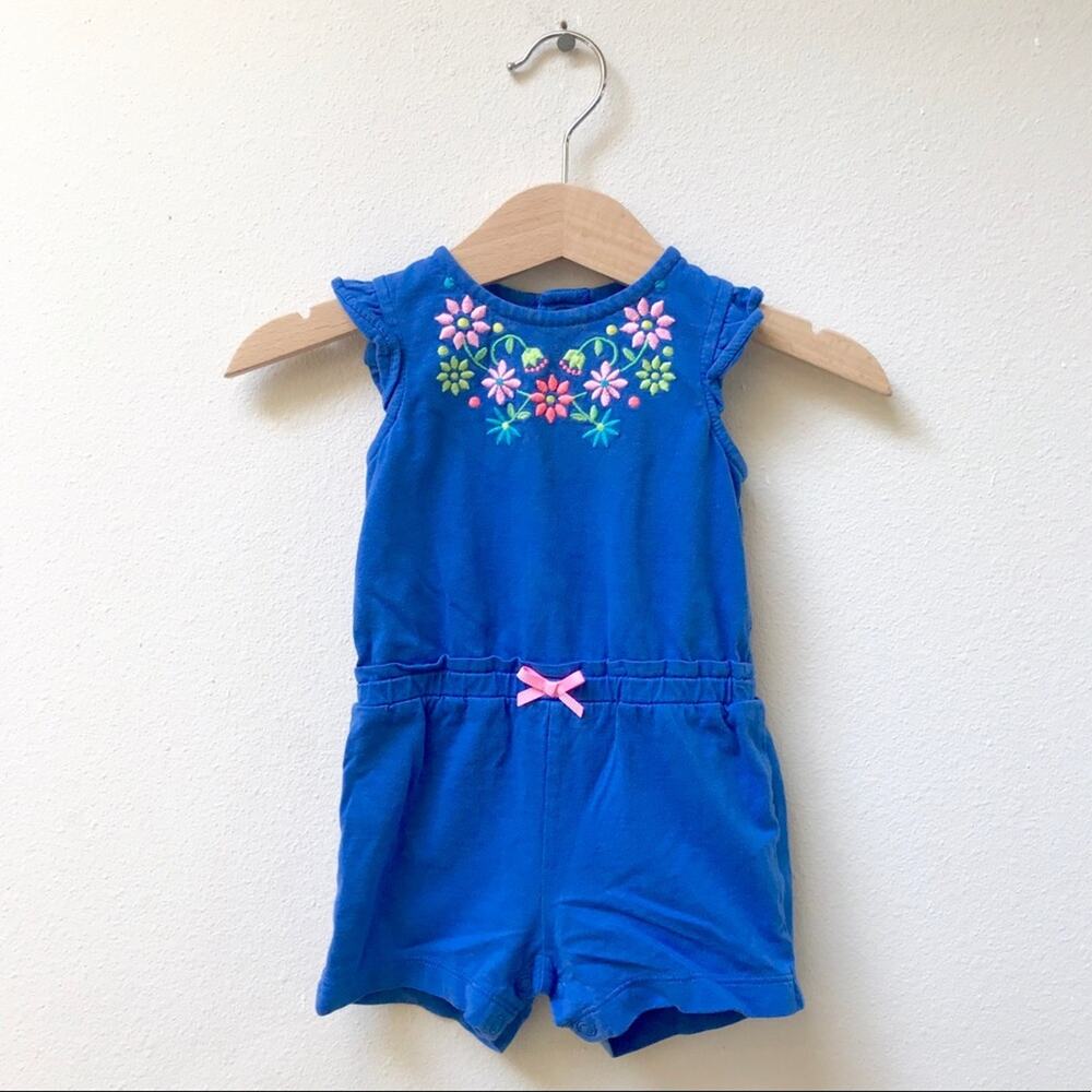 Carter’s Embroidered Floral Blue and Pink Ruffle Romper Baby Girl Size 6 Months